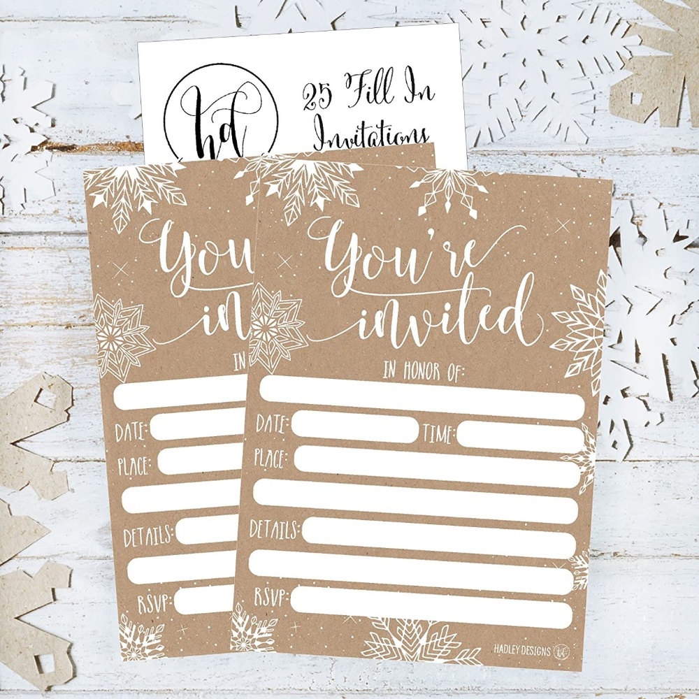 Hadley Designs 25 Invitations Blank Fill In Snowflakes Winter Christmas Holiday